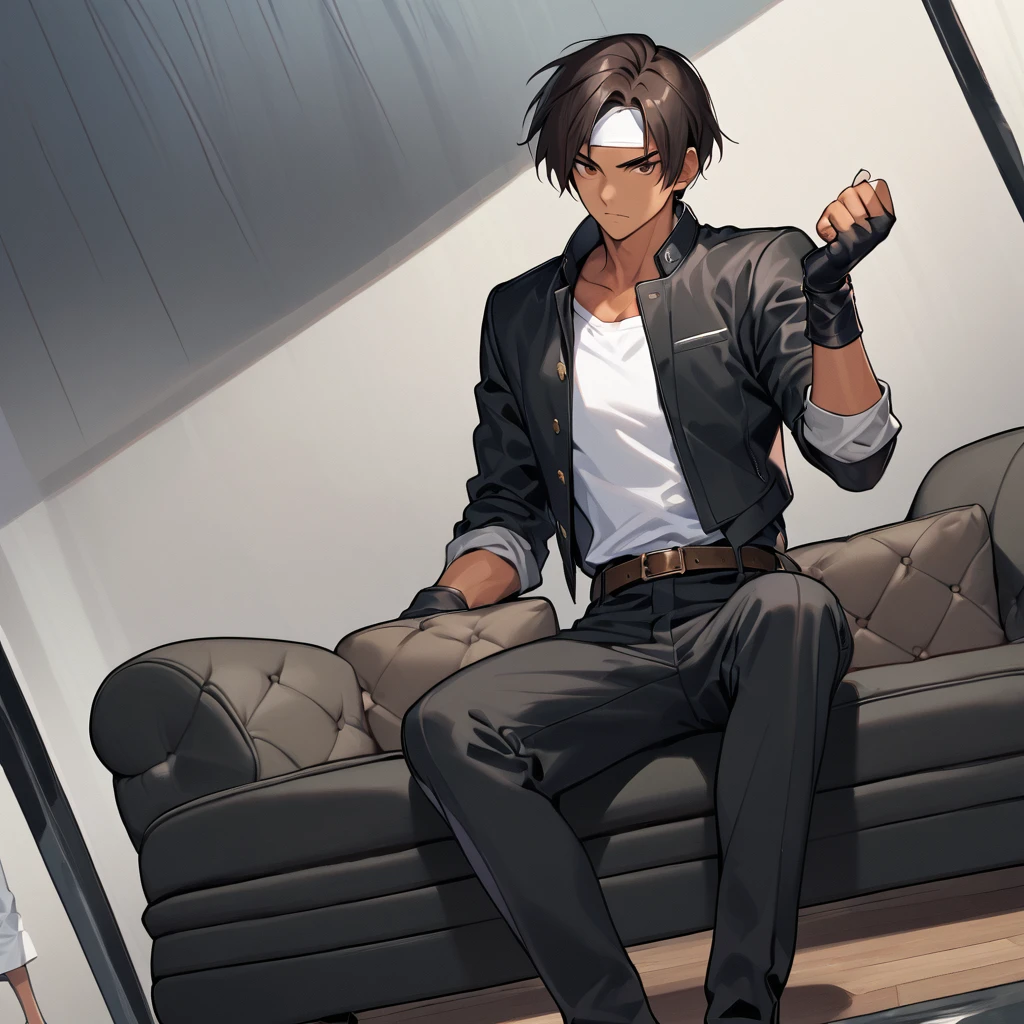 Handsome boy, 20 years old, dark hair, short cut, dark skin, ((black jacket with rolled up sleeves)), fingerless gloves, white T-shirt, ((white headband)), black pants, white shoes, wearing brown belt, sitting in office on luxury sofa, behind floor to ceiling window, serious face, hair middle, and holding a cell phone in his hand.