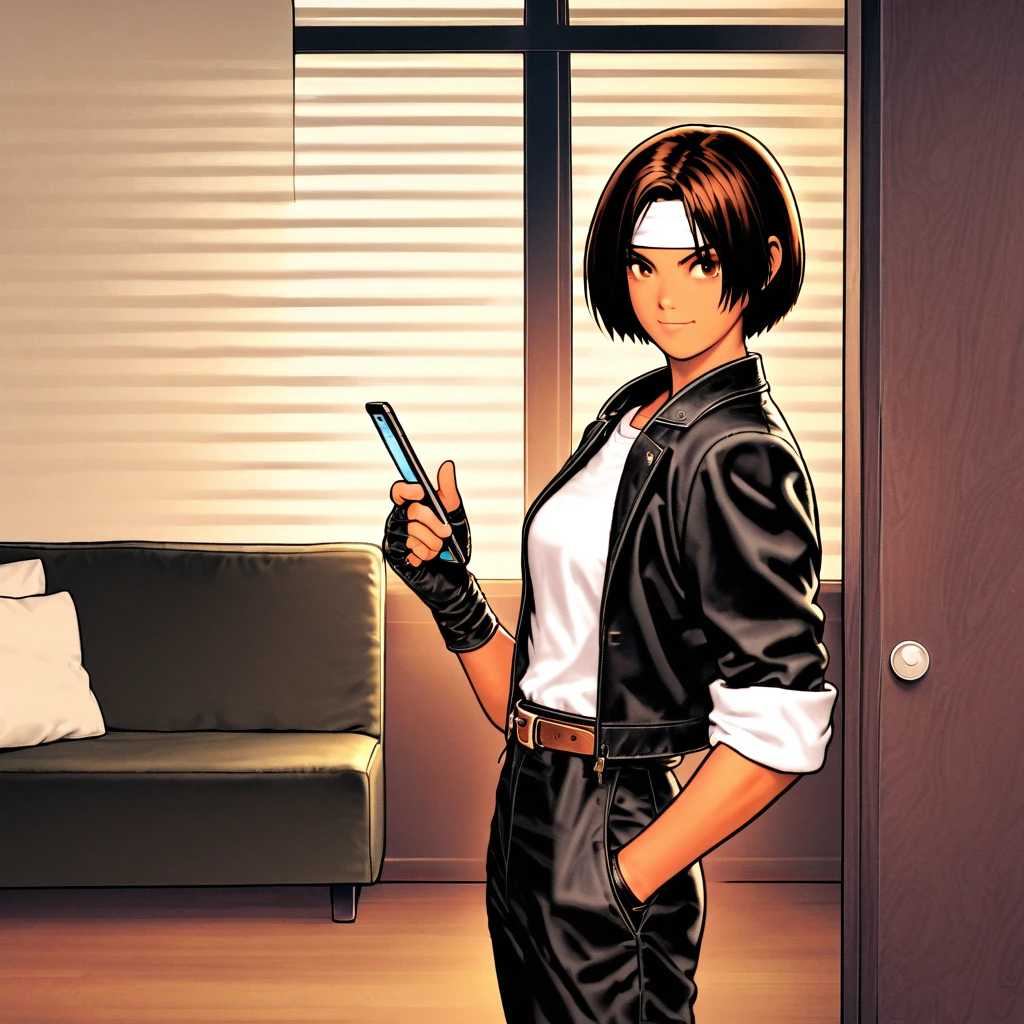 Cute girl, smiling, 20 years old, dark hair, short cut, dark skin, ((black jacket with rolled up sleeves)), fingerless gloves, white T-shirt, ((white headband)), black pants, white shoes, wearing brown belt, sitting in office on luxury sofa, behind floor to ceiling windows, serious face, hair in middle, and holding cell phone in hand. Hair is middle, and holding cell phone in hand