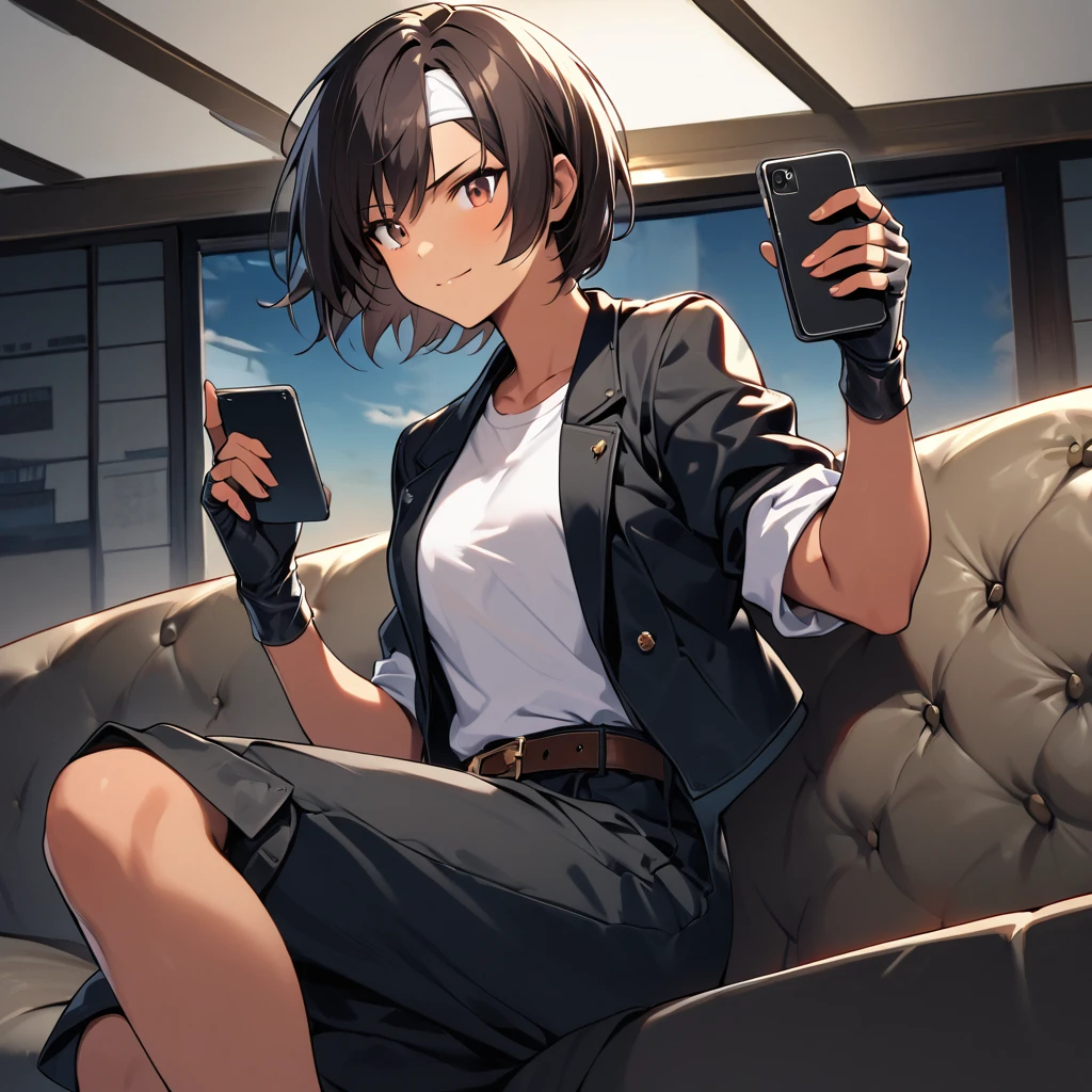 Cute girl, smiling, 20 years old, dark hair, short cut, dark skin, ((black jacket with rolled up sleeves)), fingerless gloves, white T-shirt, ((white headband)), black pants, white shoes, wearing brown belt, sitting in office on luxury sofa, behind floor to ceiling windows, serious face, hair in middle, and holding cell phone in hand. Hair is middle, and holding cell phone in hand