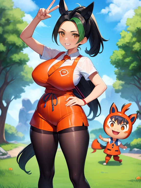 Pokémon、nemo、big tits milf、gran MILF、gran MILF、Alone、nana、by the wide、orange eyes、Horse tail、look at the viewer、black pantyhose、gloves、orange tie、orange shorts、short sleeve、、scenery、luces del scenery、Stand out、peace sign、dutch angle、smile