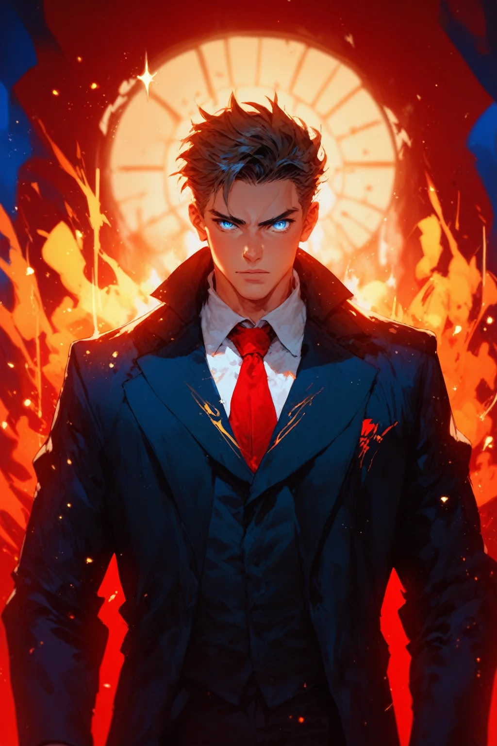 mythp0rt, A man in black suit jacket, blue-eyed gaze. Sparks and embers fly around his in the dimly lit, blurred background. Anime style, high contrast, and saturated colors.
