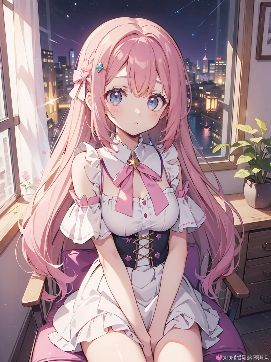 high quality, 8K Ultra HD, masterpiece, beautiful girl, A digital illustration of anime style, digital paintings of her, beautiful face,A girl with pastel purple long hair, wearing a top embroidered with stars and a white skirt, smiles joyfully while gazing out of the window. Her large, sparkling eyes reflect the soft pink and purple glow of the night. The atmosphere is dreamy and full of charm.