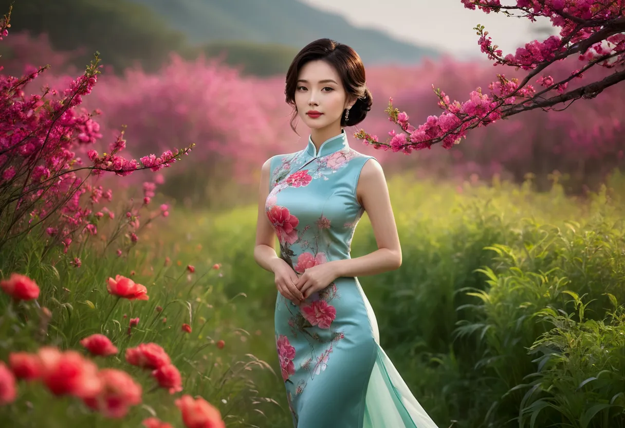 a single girl stands in a picturesque meadow, the vibrant colors of the flowers painting a masterpiece around her. the scene is ...