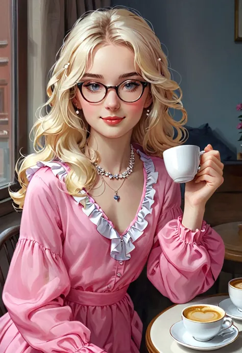 (soft moan).enjoying a cup of coffee.(aroused, wanna make love?:1.1),good morning! (pink clothing), cute 18 yo (blonde)woman of ...