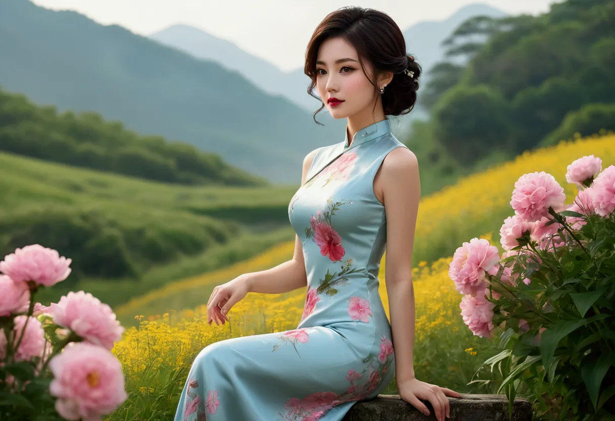 a single girl stands in a picturesque meadow, the vibrant colors of the flowers painting a masterpiece around her. the scene is ...