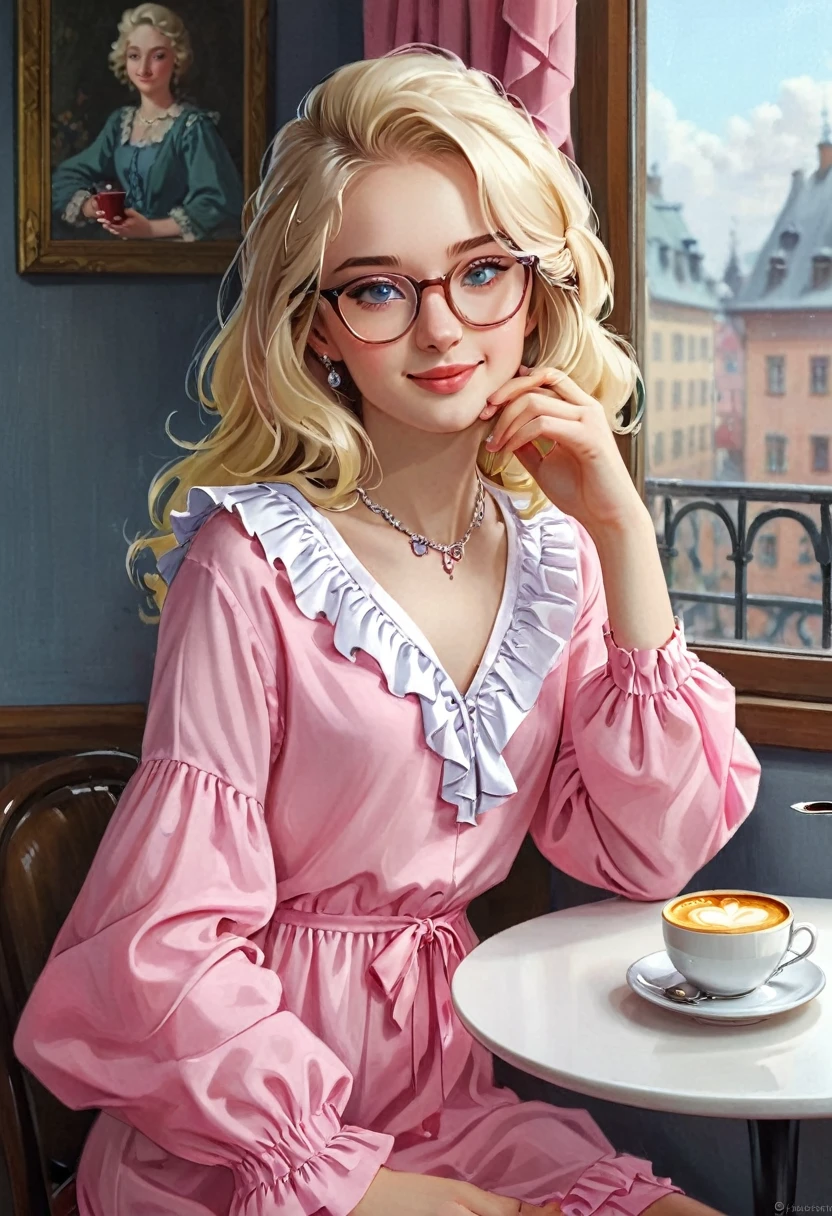 (soft moan).Enjoying a cup of coffee.(aroused, wanna make love?:1.1),Good morning! (pink clothing), Cute 18 yo (blonde)woman of Slavic descent.(short:1.1), long hair, gray eyes, ((very pale:1.4)). Innocent look. Gentle spirit.(virgin), (joy),(laughter:1.3). (Playful:1.2). Mascara, eyeglasses, necklace, jacket, blouse, ruffle dress, (black pantyhose), high heels.