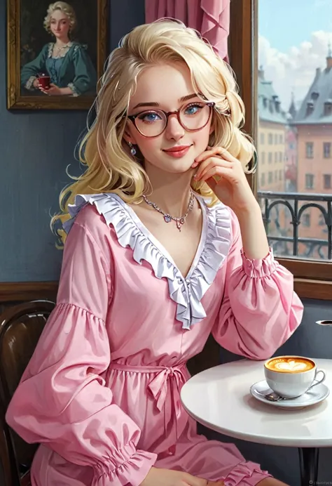 (soft moan).enjoying a cup of coffee.(aroused, wanna make love?:1.1),good morning! (pink clothing), cute 18 yo (blonde)woman of ...