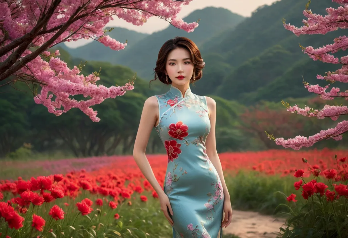 a single girl stands in a picturesque meadow, the vibrant colors of the flowers painting a masterpiece around her. the scene is ...