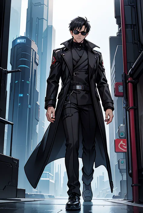 cyberpunk man wearing a black trenchcoat, futuristic sunglasses, he has a goatee and short black hair, also has bionic component...