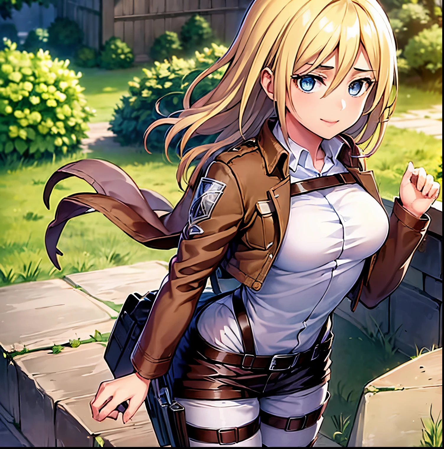 ((1girl)),((alone)), Reiss Story, \(Shingeki no kyojin \),(masterpiece), (best quality), (ultra detailed), (best illustration), (best shadow), (absurdities ), sharp focus, cowboy shot, atmospheric perspective, depth of field, dynamic posture, ((looking at viewer)), medium breasts, narrow waist, wide hips, wide thighs, round butt, erotic, romantic, (highly detailed eyes , lips 1.1), highly detailed eyes, eyes, Highly detailed face, Very beautiful face, Symmetrical face, Aesthetic face, perfect face, perfect eyes, detailed eyelashes: 1.5), full height, beautiful slim figure, femininity, expressive appearance, breasts medium elastic, sexuality, lips parted, blonde hair, hair between eyes, short hair, long hair, blue eyes, jacket, paradis military uniform, pants, shirt, brown jacket, fanny pack, white pants, long sleeve, emblem, open jacket, Collared shirt, Open your clothes, Thigh strap, long boots, white shirt, holding three-dimensional maneuvering equipment, curves, defined body, Perfect and beautiful body, perfect and beautiful, cheerful expression, closed mouth, ((cheerful smile) ), blushing, (sexy pose: 1.2), ((solo)), standing: 1.3, ((exterior, medieval landscape, on top of the roofs, medieval house, trees, sunset, giant wall)), Looking forward, ((focus on thighs:1.3)), point of view: (from below), perfect anatomy, perfect hands