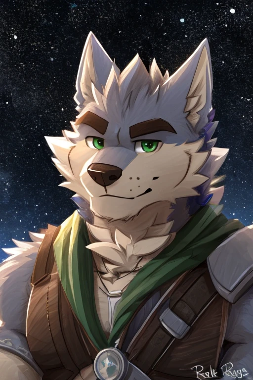 (great quality), lobo, alone, detailed face, detailed body, 5 fingers, Detailed hands, green eyes, detailed eyes, short hair, 2 arms, whole body, ((creative pose to draw it)), to the screen,((image for circular profile picture)), ((with personal watermark)), ((starry background)), por pache riggs