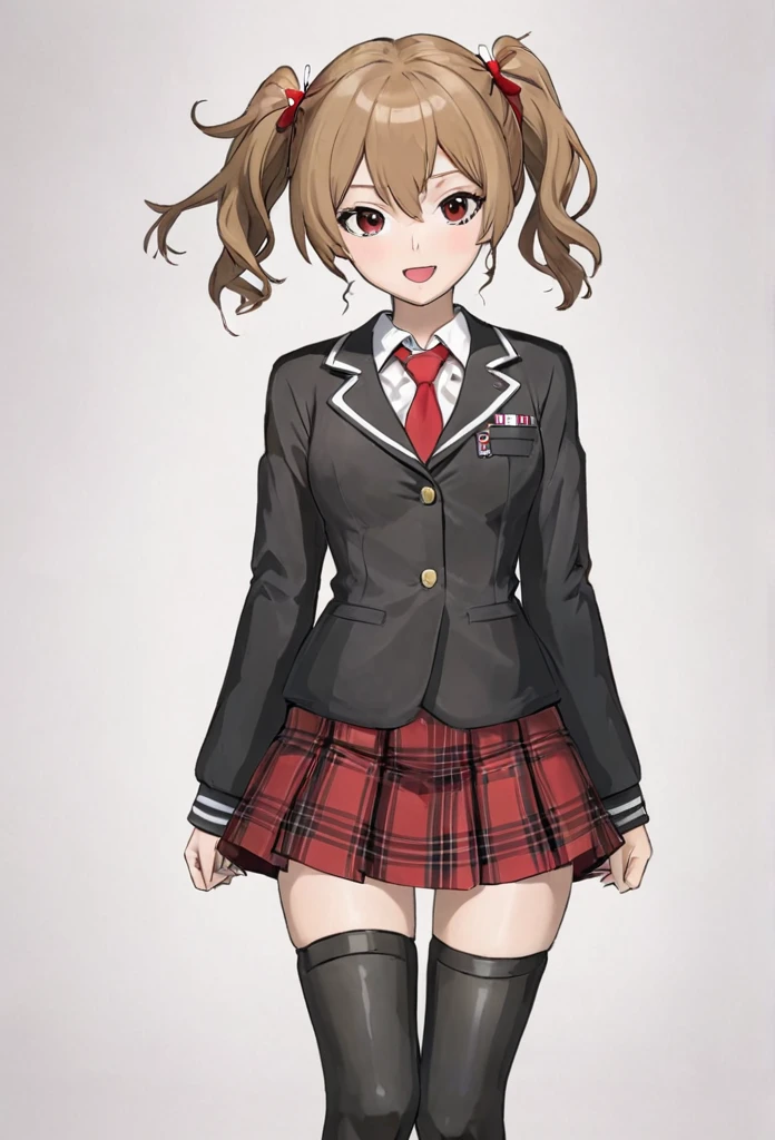 Create a full-body anime-style character with a dynamic, confident stance. She has long, wavy, light brown hair tied in two high pigtails with black and white bear hairpins. The character is wearing a black and white school uniform-inspired outfit with a red ribbon at the chest and a short red plaid skirt. Her outfit also features small patches and symbols on the jacket and tie. She wears knee-high black boots with red laces, and her pose is energetic, with her hands on her hips, laughing mischievously. The overall vibe should be edgy and slightly chaotic, with a detailed and sharp anime art style.