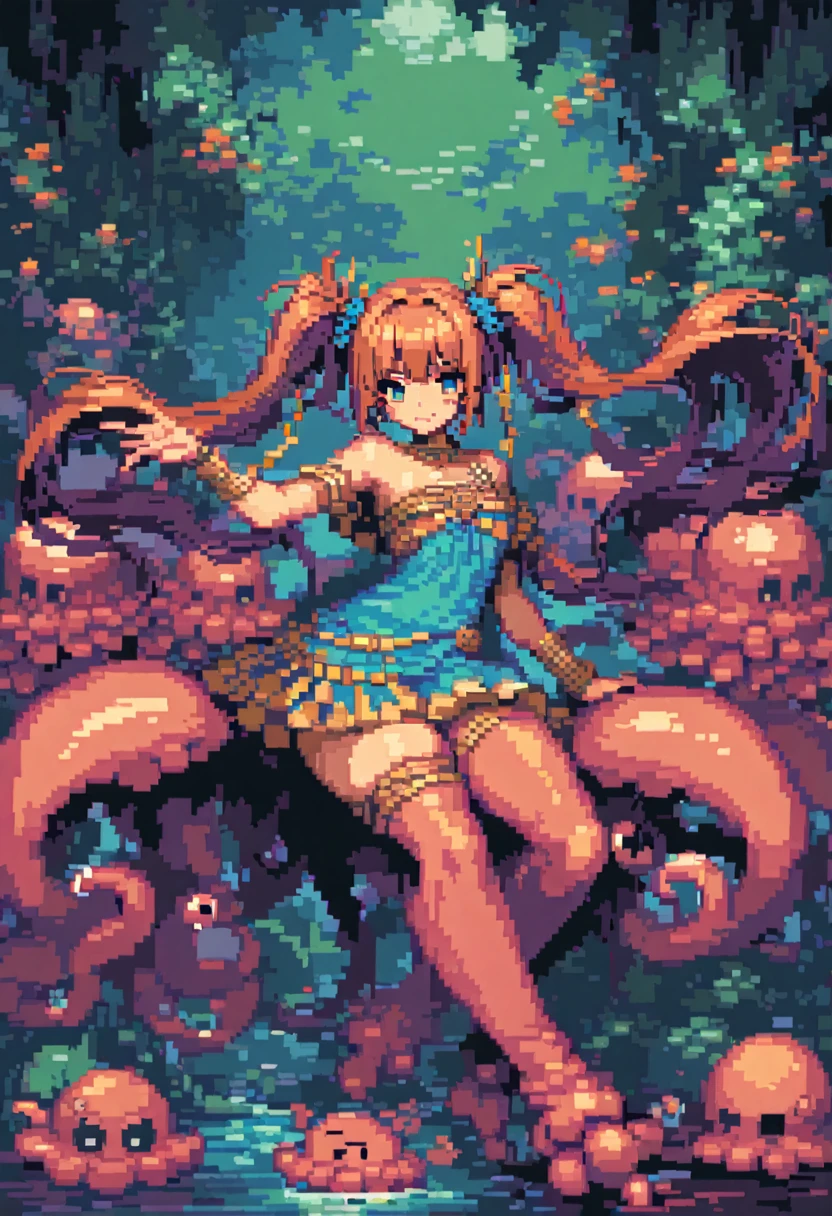 High resolution, masterpiece, Highest quality, Accurate pixel art, One woman, ((Her hair is in twin tails shaped like octopus legs.:1.3)), Costumes in the style of ancient Greece, Undersea Temple