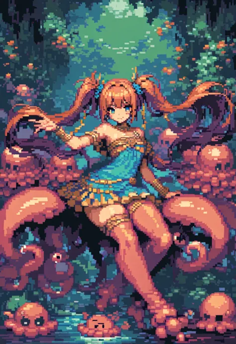 high resolution, masterpiece, highest quality, accurate pixel art, one woman, ((her hair is in twin tails shaped like octopus le...