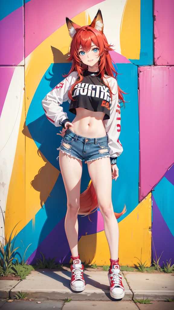 A cute fox girl with blue eyes, long red hair, Fox ears and a fox tail. She has a cheerful, love very much, friendly and happy character. She wears a cool, modernes Outfit, that fits perfectly with a wall with graffiti. Her outfit consists of a trendy crop top, ripped jeans and stylish sneakers. In the background there is a colourful, detailed graffiti wall, which have an urban, gives an artistic look. The image should be highly detailed, with HDR and Ultra 8K resolution, about the textures of clothing, to accurately portray her cheerful charisma and the details of the graffiti.


