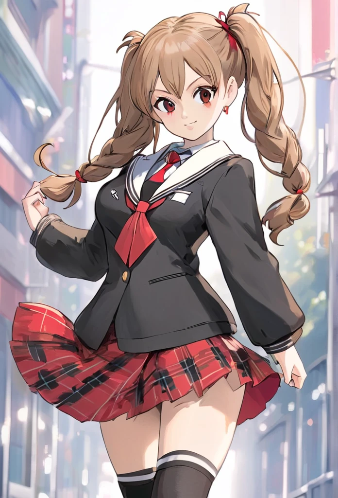 Create a full-body anime-style character with a dynamic, confident stance. She has long, wavy, light brown hair tied in two high pigtails with black and white bear hairpins. The character is wearing a black and white school uniform-inspired outfit with a red ribbon at the chest and a short red plaid skirt. Her outfit also features small patches and symbols on the jacket and tie. She wears knee-high black boots with red laces, and her pose is energetic, with her hands on her hips, laughing mischievously. The overall vibe should be edgy and slightly chaotic, with a detailed and sharp anime art style.