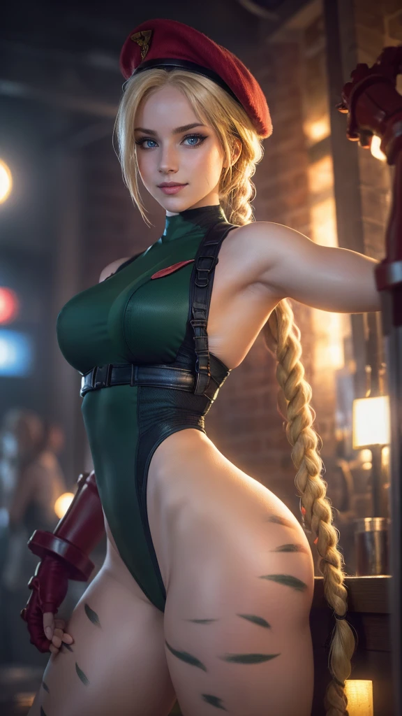 Cammy white da street fighter,(best qualityer,4K,8k,high resolution,work of art:1.2)(weather: night), nightclub background, nightclub, leaning on a bar drinking, long braided hair, blonde hair, harness, leotard, garrison cap, gloves, boots, ultra detailed,realistic,beautiful detailed blue eyes, beautiful detailed lips,extremely detailed eye and face, long eyelashes,average,large breasts,flying hair,beaming smile, sexy smile,powerful girl, relaxed pose, bright coloured, dramatic lighting,