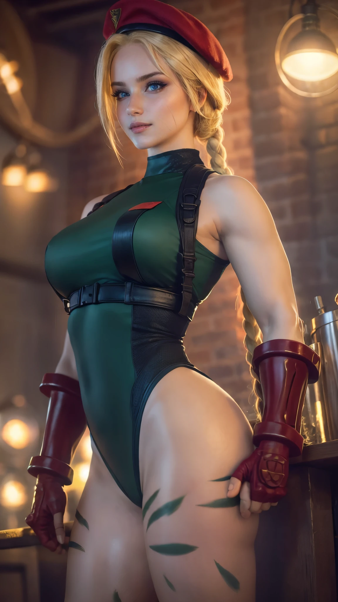 Cammy white da street fighter,(best qualityer,4K,8k,high resolution,work of art:1.2)(weather: night), nightclub background, nightclub, leaning on a bar drinking, long braided hair, blonde hair, harness, leotard, garrison cap, gloves, boots, ultra detailed,realistic,beautiful detailed blue eyes, beautiful detailed lips,extremely detailed eye and face, long eyelashes,average,large breasts,flying hair,beaming smile, sexy smile,powerful girl, relaxed pose, bright coloured, dramatic lighting,