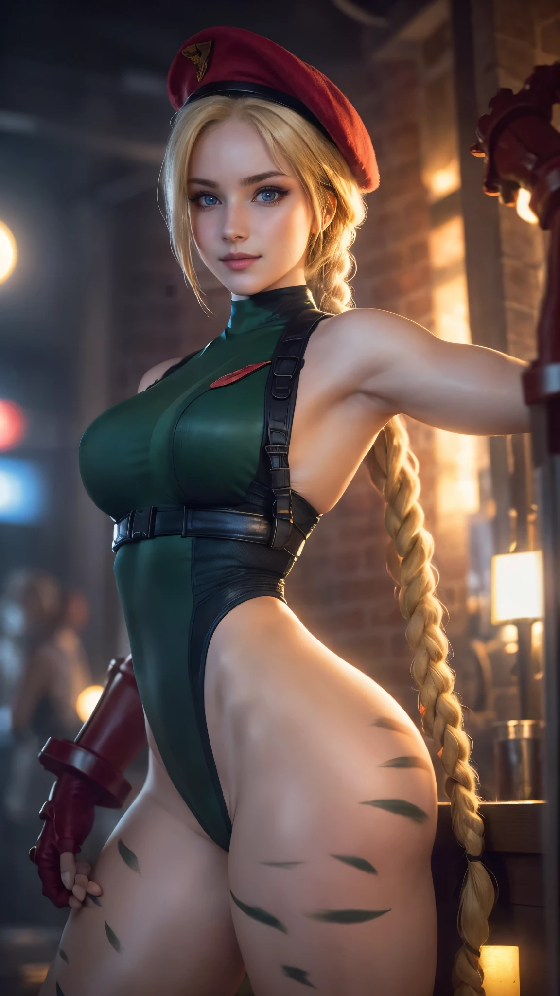 Cammy white da street fighter,(best qualityer,4K,8k,high resolution,work of art:1.2)(weather: night), nightclub background, nightclub, leaning on a bar drinking, long braided hair, blonde hair, harness, leotard, garrison cap, gloves, boots, ultra detailed,realistic,beautiful detailed blue eyes, beautiful detailed lips,extremely detailed eye and face, long eyelashes,average,large breasts,flying hair,beaming smile, sexy smile,powerful girl, relaxed pose, bright coloured, dramatic lighting,