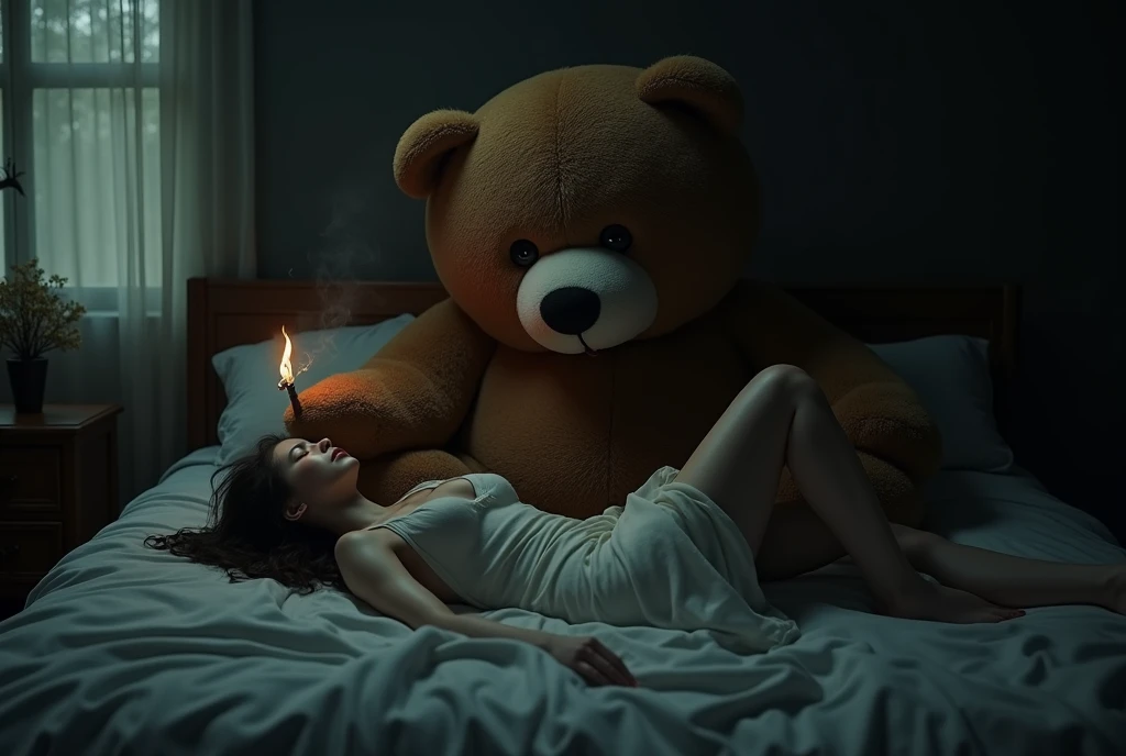 Dark bedroom, back view of girl asleep in bed, large stuffed teddy bear sitting next to her, teddy bear smoking, naked woman, nsfw, focus on teddy bear, ((masterpiece, Highest quality, Best image quality, High resolution, Realistic, RAW Photos, 8k, Highly detailed CG synthesis 8k wallpaper)), (Huge and stunning goddess shot, Very hot and sexy, Incredible beauty, Perfect Proportions, Beautiful body, Slim body beauty:1.4), 