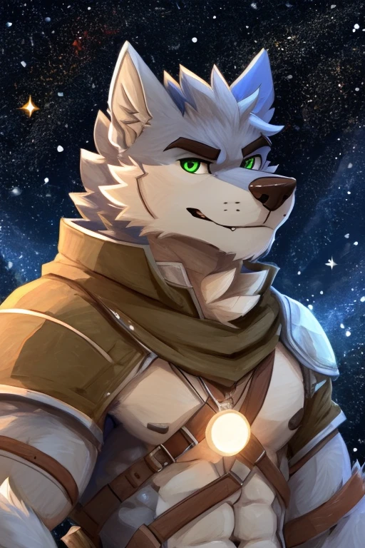 (great quality), lobo, alone, detailed face, detailed body, 5 fingers, Detailed hands, green eyes, detailed eyes, short hair, 2 arms, whole body, ((creative pose to draw it)), to the screen,((image for circular profile picture)), ((starry background)), ((Whole body)), por pache riggs