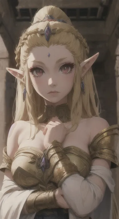 ancient hylian, devine princess hylia, blonde, red eyes, looking at viewer, pov, ancient golden goddess armor, long messy hair, ...