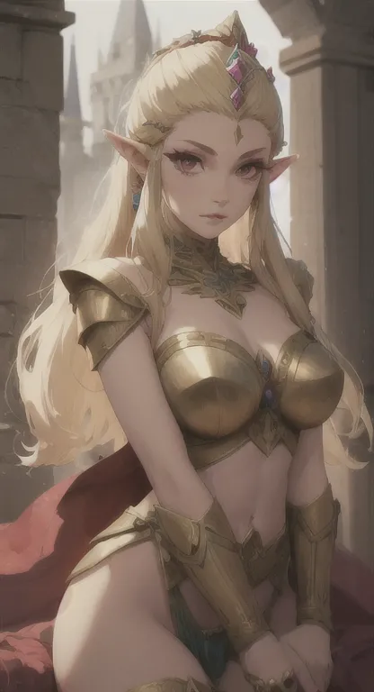 ancient hylian, devine princess hylia, blonde, red eyes, looking at viewer, pov, ancient golden goddess armor, long messy hair, ...