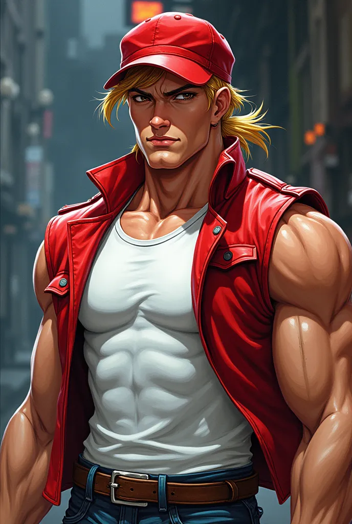 (masterpiece,Highest quality), Terry Bogard, A handsome young man with sharp features, red baseball cap, Sleeveless red leather jacket, A white shirt that shows off his muscles, sneakers, Blue jeans, Her blonde hair is tied back with an elastic band, Garou Legend