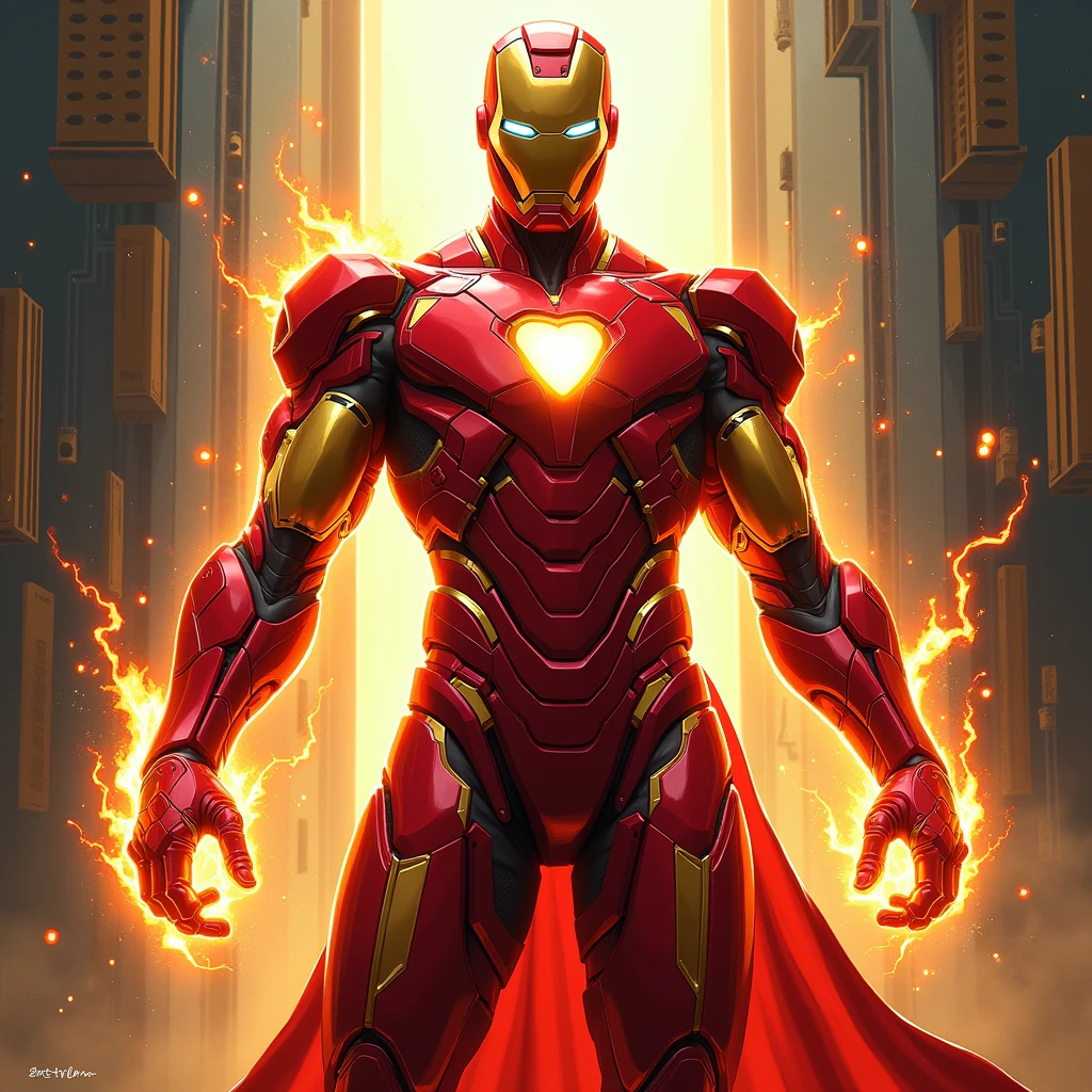 (Ironheart:1.4), (abstract art style:1.4), (vivid and bold colors:1.4), (sleek and angular metallic shapes:1.4), (high-tech armor elements:1.3), (fluid energy flows:1.3), (bright glowing core:1.4), (dynamic pose:1.4), (circuit-like patterns:1.3), (metallic textures reflecting light:1.4), (futuristic and mechanical elements:1.4), (shiny red and gold palette:1.4), (energy pulses from hands:1.3), (intricate armor design:1.4), (strong contrast and highlights:1.3), (power and innovation:1.4)