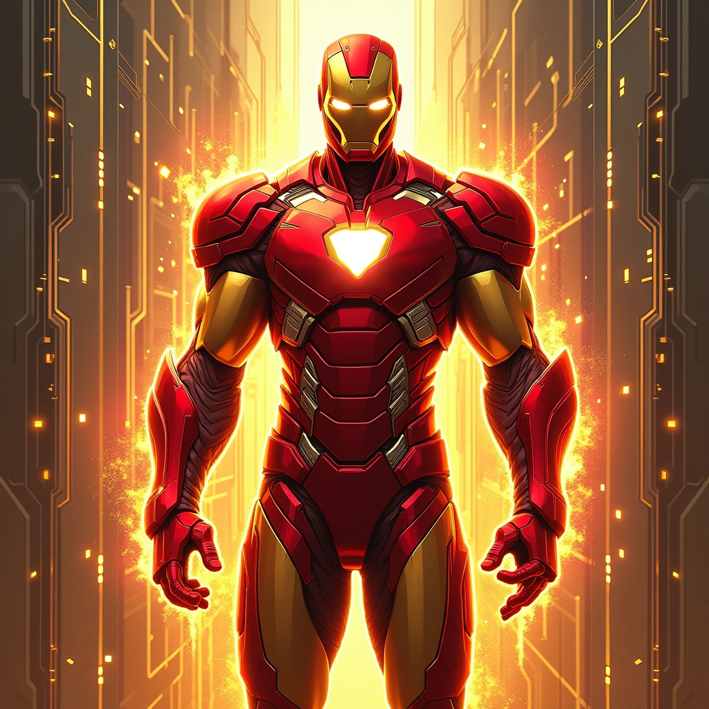 (Ironheart:1.4), (abstract art style:1.4), (vivid and bold colors:1.4), (sleek and angular metallic shapes:1.4), (high-tech armor elements:1.3), (fluid energy flows:1.3), (bright glowing core:1.4), (dynamic pose:1.4), (circuit-like patterns:1.3), (metallic textures reflecting light:1.4), (futuristic and mechanical elements:1.4), (shiny red and gold palette:1.4), (energy pulses from hands:1.3), (intricate armor design:1.4), (strong contrast and highlights:1.3), (power and innovation:1.4)