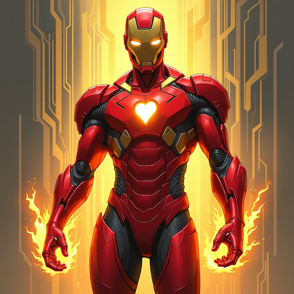 (Ironheart:1.4), (abstract art style:1.4), (vivid and bold colors:1.4), (sleek and angular metallic shapes:1.4), (high-tech armor elements:1.3), (fluid energy flows:1.3), (bright glowing core:1.4), (dynamic pose:1.4), (circuit-like patterns:1.3), (metallic textures reflecting light:1.4), (futuristic and mechanical elements:1.4), (shiny red and gold palette:1.4), (energy pulses from hands:1.3), (intricate armor design:1.4), (strong contrast and highlights:1.3), (power and innovation:1.4)