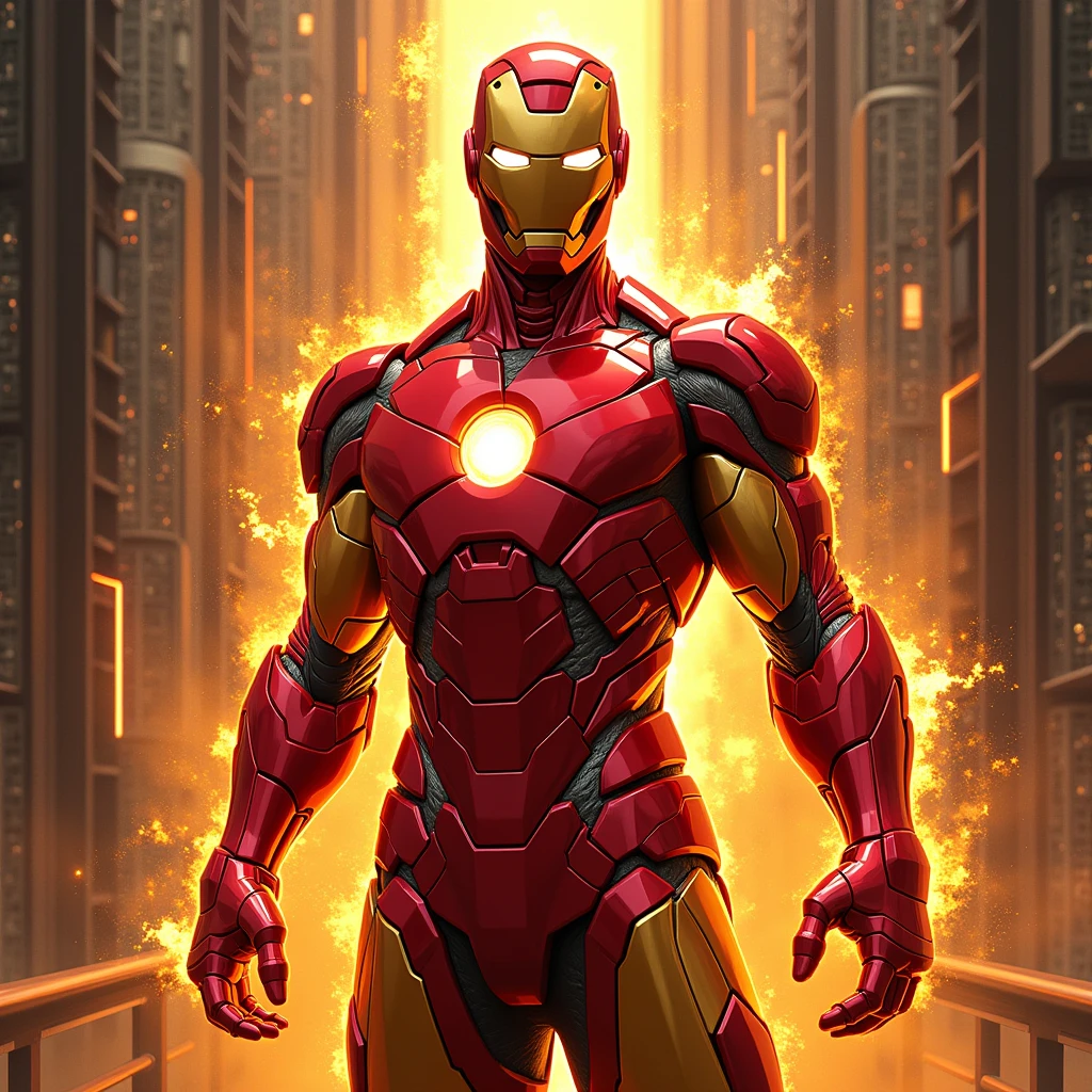 (Ironheart:1.4), (abstract art style:1.4), (vivid and bold colors:1.4), (sleek and angular metallic shapes:1.4), (high-tech armor elements:1.3), (fluid energy flows:1.3), (bright glowing core:1.4), (dynamic pose:1.4), (circuit-like patterns:1.3), (metallic textures reflecting light:1.4), (futuristic and mechanical elements:1.4), (shiny red and gold palette:1.4), (energy pulses from hands:1.3), (intricate armor design:1.4), (strong contrast and highlights:1.3), (power and innovation:1.4)