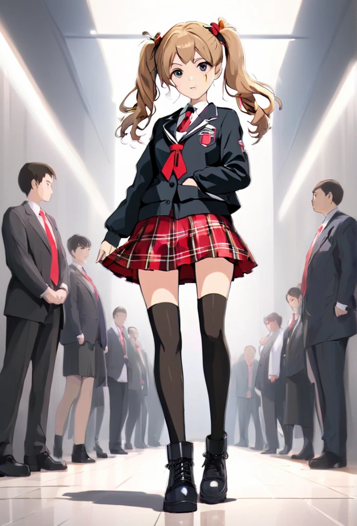 Create a full-body anime-style character with a dynamic, confident stance. She has long, wavy, light brown hair tied in two high pigtails with black and white bear hairpins. The character is wearing a black and white school uniform-inspired outfit with a red ribbon at the chest and a short red plaid skirt. Her outfit also features small patches and symbols on the jacket and tie. She wears knee-high black boots with red laces, and her pose is energetic, with her hands on her hips, laughing mischievously. The overall vibe should be edgy and slightly chaotic, with a detailed and sharp anime art style.