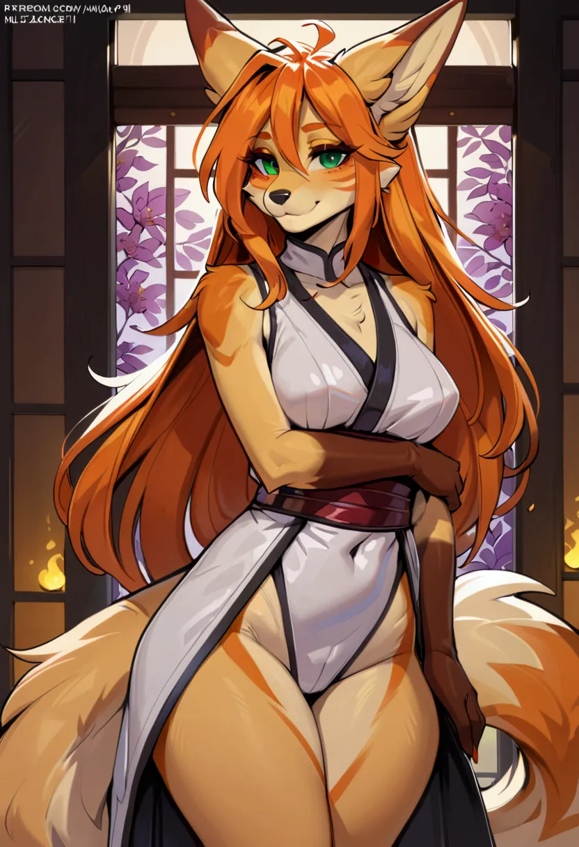 female kitsune anthro, light orange hair, long hair, solo, japanese outfit, green eyes, light beige body, smiling, full body, (b...