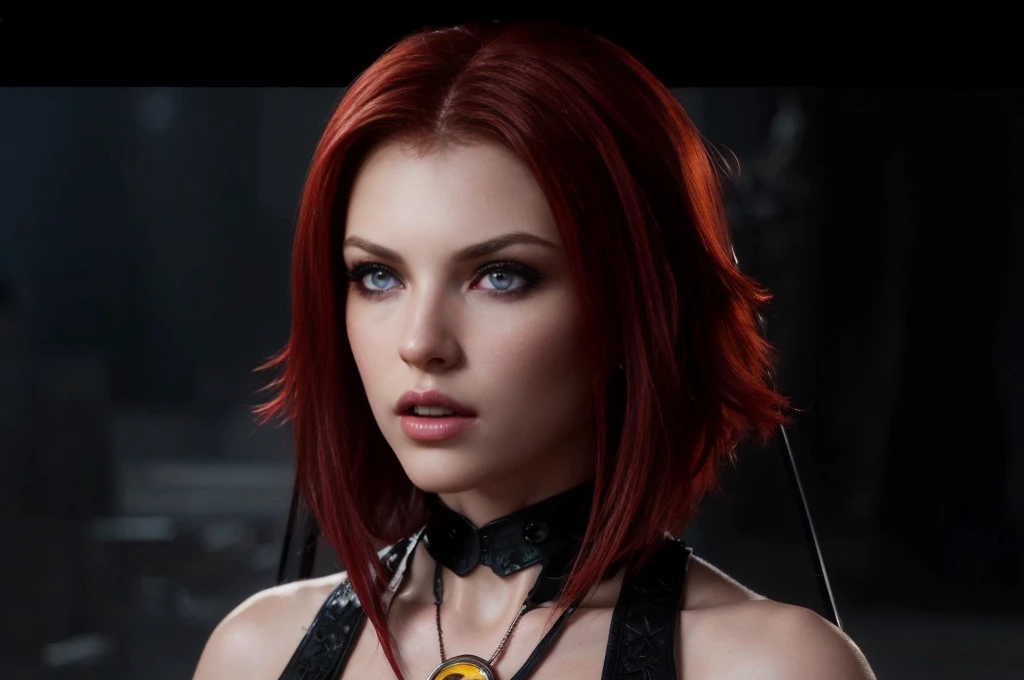 Blood Rayne, yelow eyes. (best quality,ultra-detailed,realistic:1.37),perfect face,hyper-realistic,sexy lips, short red hair,beautiful detailed eyes,beautiful detailed lips,long eyelashes,vivid colors,studio lighting,portrait,bokeh,sharp focus