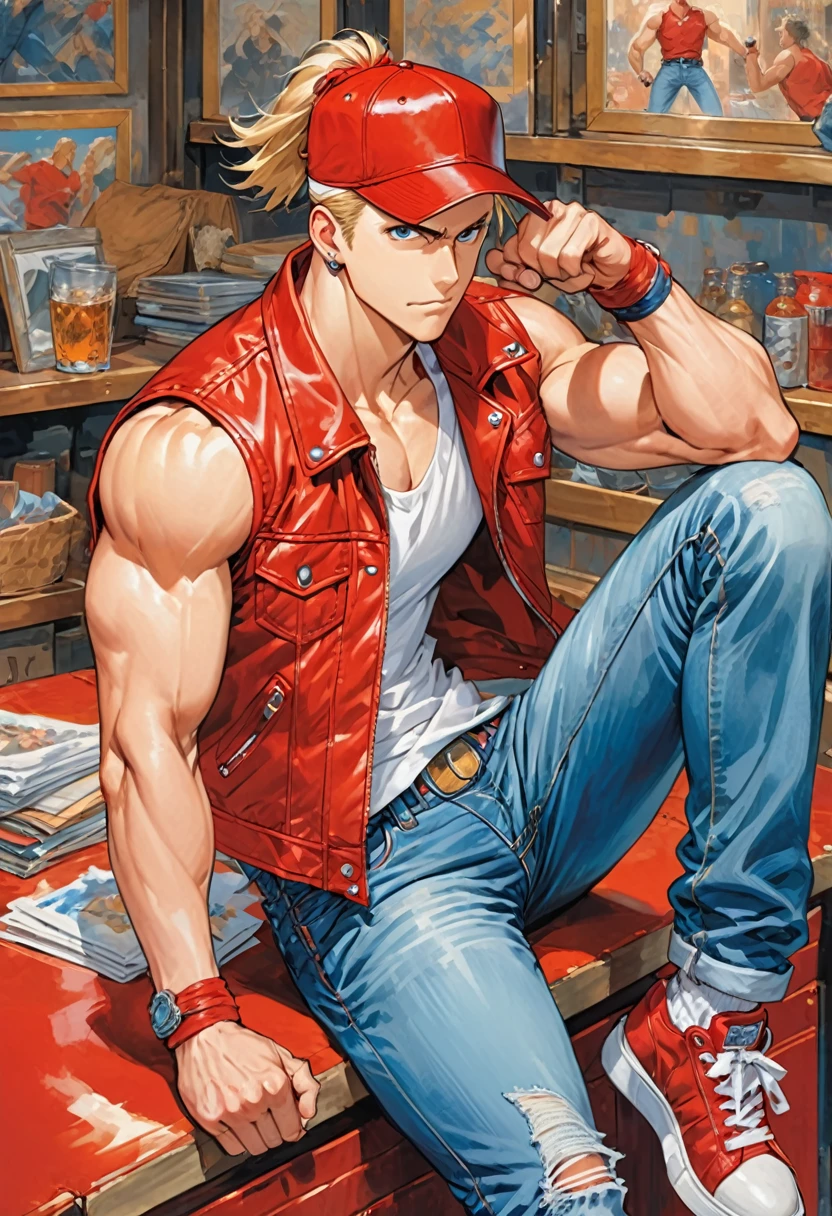 (masterpiece,Highest quality), Terry Bogard, A handsome young man with sharp features, red baseball cap, Sleeveless red leather jacket, A white shirt that shows off his muscles, sneakers, Blue jeans, Her blonde hair is tied back with an elastic band, Garou Legend