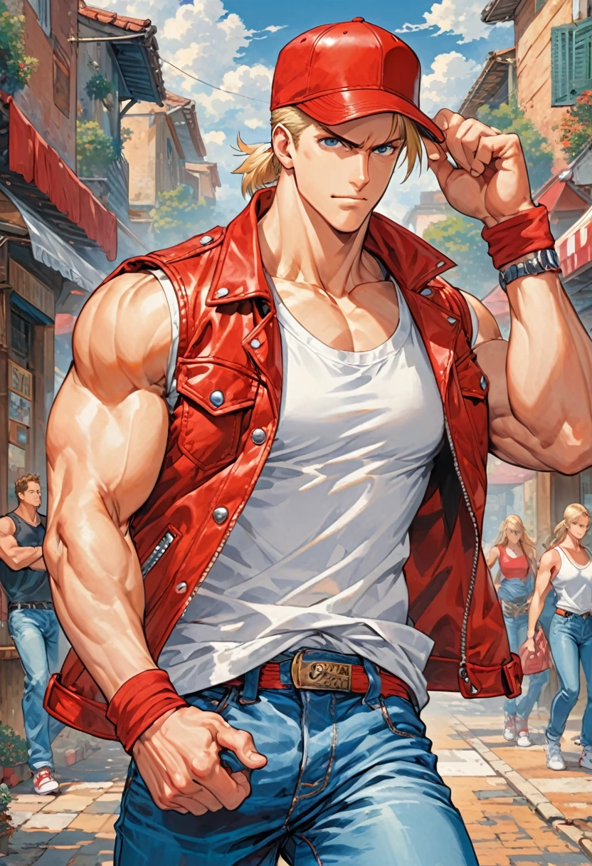 (masterpiece,Highest quality), Terry Bogard, A handsome young man with sharp features, red baseball cap, Sleeveless red leather jacket, A white shirt that shows off his muscles, sneakers, Blue jeans, Her blonde hair is tied back with an elastic band, Garou Legend