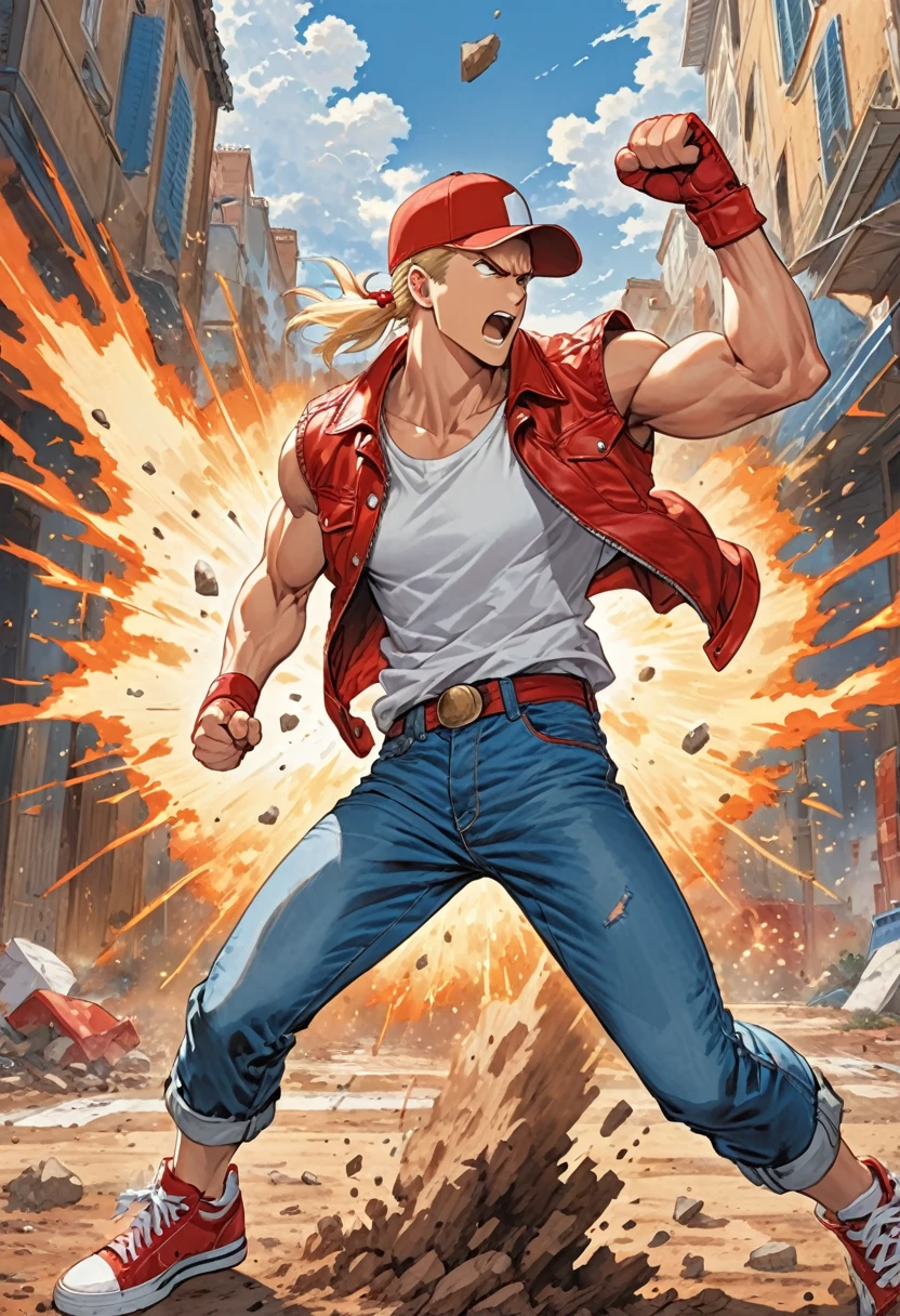 (masterpiece,Highest quality), Terry Bogard, A handsome young man with sharp features, red baseball cap, Sleeveless red leather jacket, A white shirt that shows off his muscles, sneakers, Blue jeans, Her blonde hair is tied back with an elastic band, ((Punching the ground, An aura erupts from the place where you hit)), Garou Legend