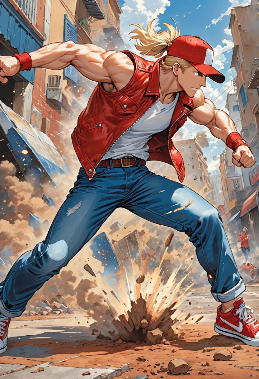 (masterpiece,Highest quality), Terry Bogard, A handsome young man with sharp features, red baseball cap, Sleeveless red leather jacket, A white shirt that shows off his muscles, sneakers, Blue jeans, Her blonde hair is tied back with an elastic band, ((Punching the ground, An aura erupts from the place where you hit)), Garou Legend