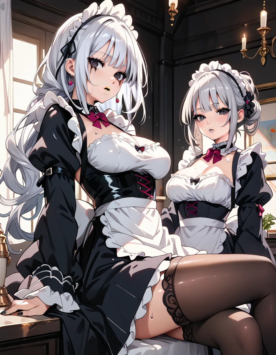 Young beautiful woman,(Highest quality,Extremely detailed depiction,Incredibly absurd high resolution,Anatomically accurate depiction,Curvy Legs,Shiny skin,Porcelain-like skin),(Black and white gothic maid outfit,Maid Skirt,corset,black tights),eyelash,(Silver Hair,Black Eyes,Eyes half closed:1.5,Unfriendly look,Large Breasts,Glossy black lips:1.2,Heavy makeup),Sweat:0.8,(whole body),background:Inside the maid cafe:1.5,Bright atmosphere,coffee,Other women dressed as maids,Pose to welcome guests