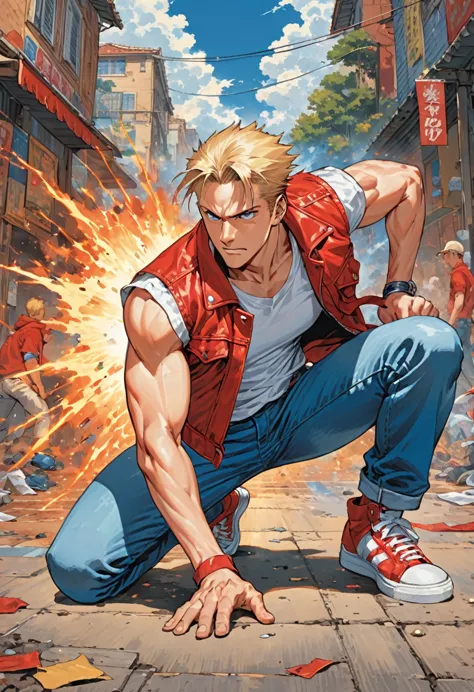 (masterpiece,Highest quality), Terry Bogard, A handsome young man with sharp features, red baseball cap, Sleeveless red leather jacket, A white shirt that shows off his muscles, sneakers, Blue jeans, Her blonde hair is tied back with an elastic band, ((Get down on one knee and hit the ground:1.3, An aura erupts from the place where you hit)), Garou Legend