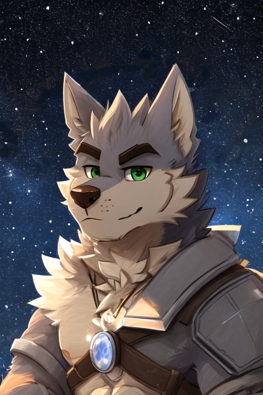 (great quality), lobo, alone, detailed face, detailed body, 5 fingers, Detailed hands, green eyes, detailed eyes, short hair, 2 arms, whole body, ((creative pose to draw it)), to the screen,((image for circular profile picture)), ((starry background)), ((Whole body)), por pache riggs