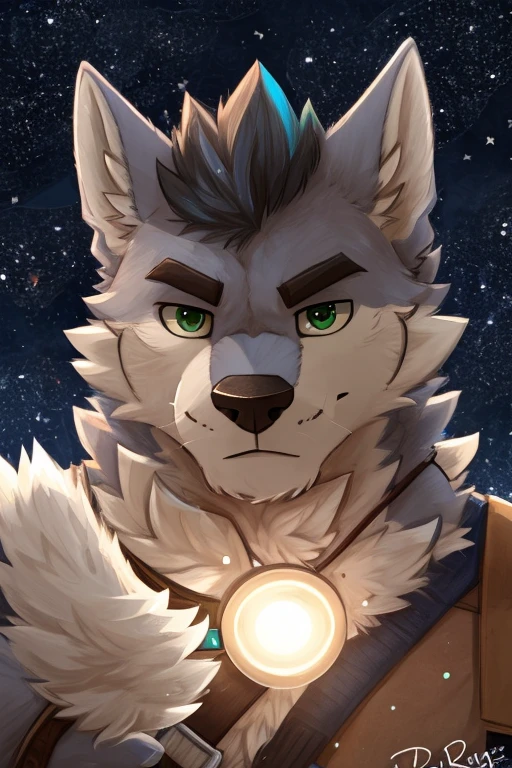 (great quality), lobo, alone, detailed face, detailed body, 5 fingers, Detailed hands, green eyes, detailed eyes, short hair, 2 arms, whole body, ((creative pose to draw it)), to the screen,((image for circular profile picture)), ((starry background)), ((Whole body)), por pache riggs