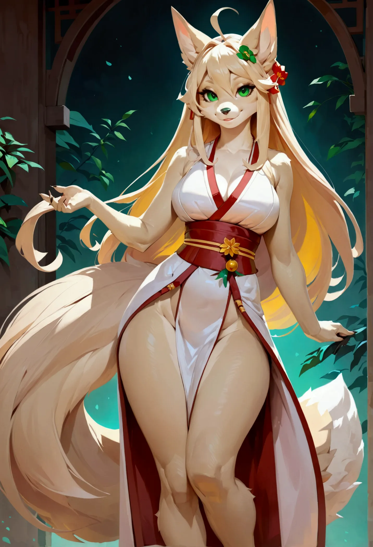 female kitsune anthro, light beige hair, long hair, solo, japanese outfit, green eyes, light beige body, smiling, full body, (by...