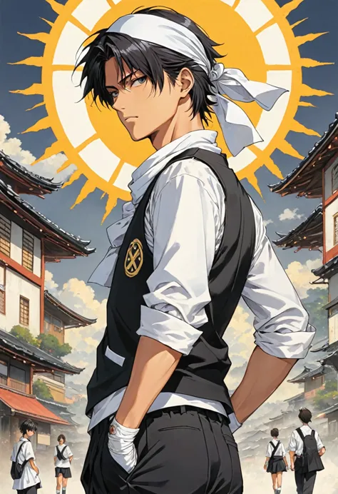 (masterpiece,Highest quality), Kyo Kusanagi, White bandana, A short school uniform with a sun symbol on the back, A short pants with long sleeves rolled up to the upper arms, Black vest, White short-sleeved T-shirt, Gloves, 