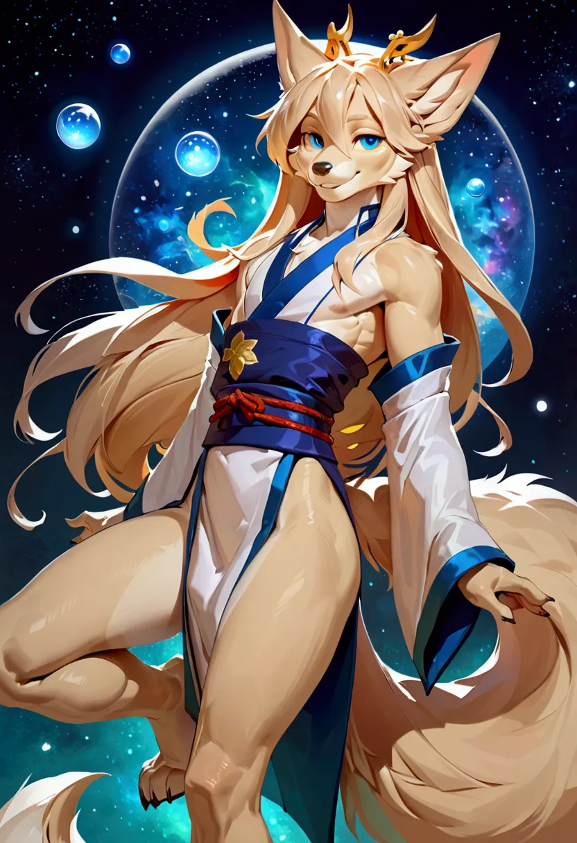 male kitsune anthro, light beige hair, long hair, solo, japanese outfit, blue eyes, light beige body, smiling, full body, (by da...