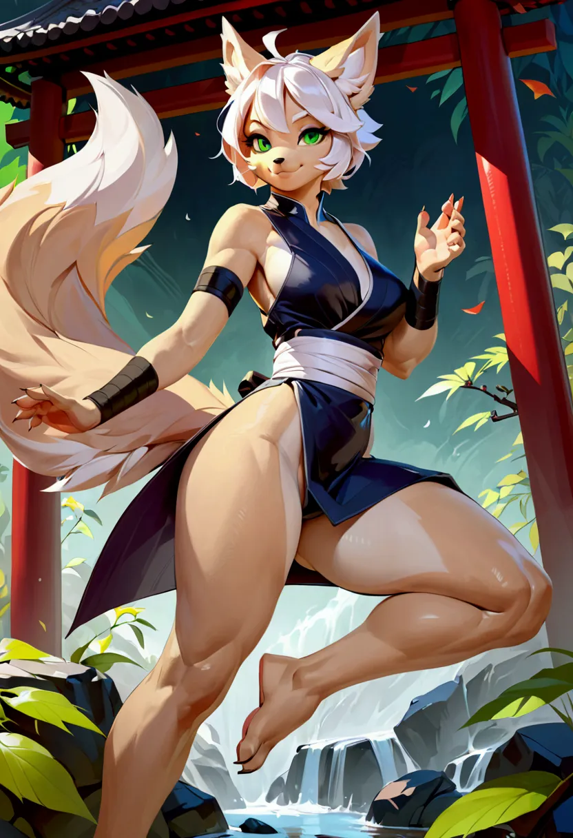 female kitsune anthro, white hair, short hair, solo, japanese outfit, green eyes, light beige body, smiling, full body, (by dark...