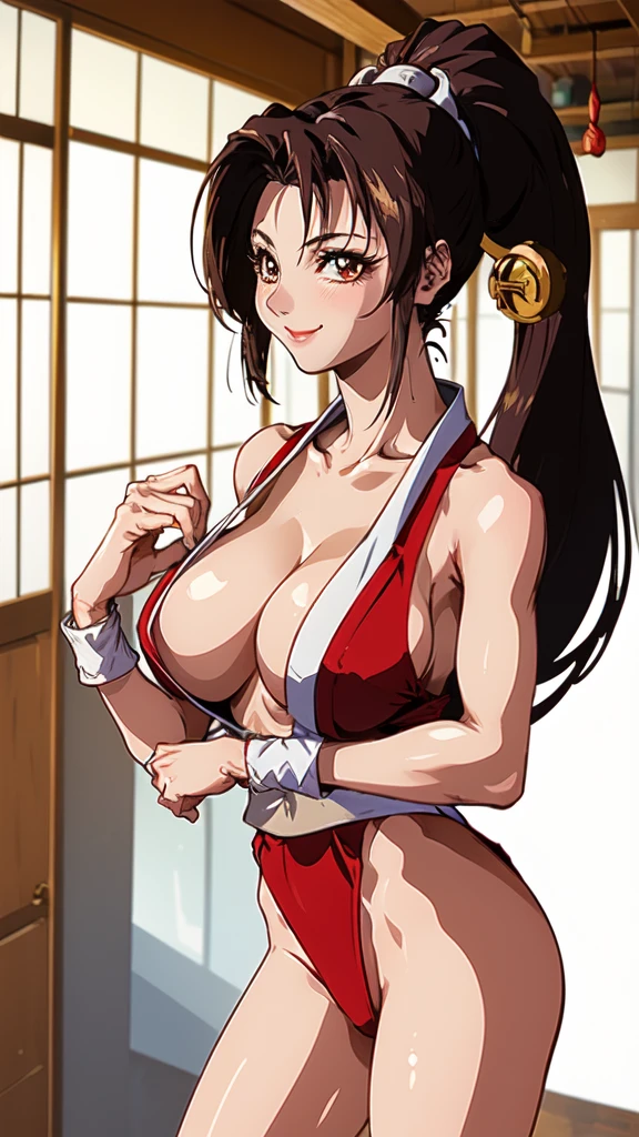 ((Mai Shiranui,ponytail,Background is a Japanese-style room in a Japanese house:1.3)),upper body, Looking at the audience,Slim and sexy figure, the best quality, (8k), (4K),(masterpiece), (the best quality), Extremely detailed, Game CG, Ultra Detailed, illustration, Beautiful Body,Beautiful nose,fair character design, Perfect Eye, Perfect Face , 1 girl, 30 years,Fair Finger,Fair body, Fair Nose,Fair character design, perfect Eye, perfect Face,expressive Eye,Perfect balance,(Focus on her Face),(Light_Smile:0.3), official art,Extremely detailed CG Unity 8K wallpaper, Perfect lighting,rich and colourful, bright_front_Face_Lighting,White skin, (masterpiece:1.0),(the best_quality:1.0), Ultra-high resolution,4K,Ultra Detailed, photography, 8k, HDR, high resolution, Kodak Portrait 400, Film Grain, Blurred background, bokeh:1.2,Professional photographer, (Fair,Big goals_Chest:1.4), underwear,lace, underwear, lingerie、(((smile,pretty face:1.3)))