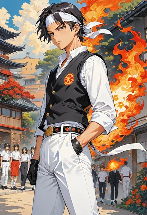 (masterpiece,Highest quality), Kyo Kusanagi, Smooth Hair, White headband-style bandana, A short school uniform with a sun symbol on the back, A short pants with long sleeves rolled up to the upper arms, School uniform long pants, Black vest, White short-sleeved T-shirt, Gloves, White patent leather shoes with decorative belt, Flame on the fist