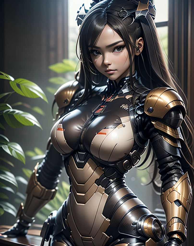 1girl, solo, Long hair, Black hair, Very Long Hair, Shiny hair, Twin Braids, Headphones, Blush stickers, Expressionless, 

3D Isometric, 

High resolution, Masterpiece, Accurate, Anatomically Corret, Award Winning, Best quality, HD, High details, High quality, Super detailed, Textured skin, UHD, 

Sparkle, Depth of field, Motion lines, Lens Flare, Bokeh, Chiaroscuro, Ray Tracing, Reflection Light, 

3D Rendering, 8K Octane, Cinematography, Conceptual Art, Futurism, Hyperdetailed, Photorealistic, Realism, Surrealism, Verism, 

[bodysuit:exoskeleton mecha:0.3],

cute face, girls next door, a Japanese, standing, full body, from the front, holding a rifle, Have a machin gun, 